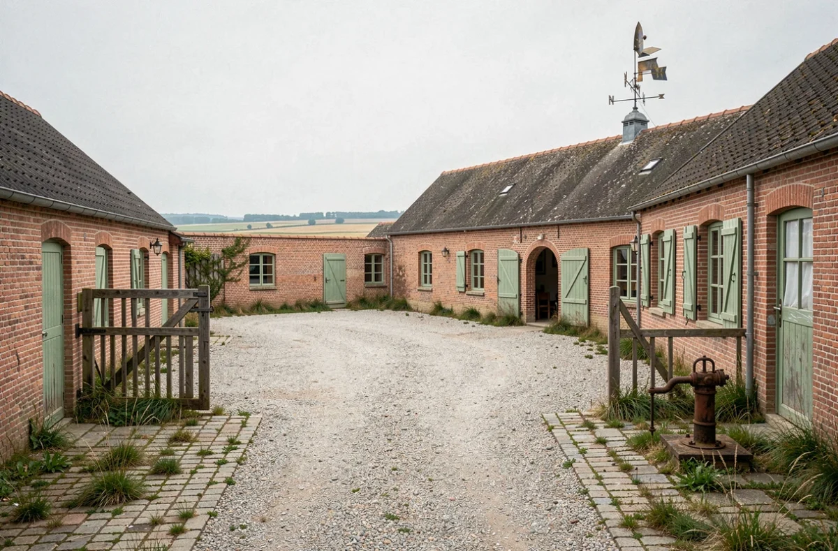 Corps de ferme flamand en U à Wormhout avec cour en graviers, bâtiments en briques rouges et girouette ancienne