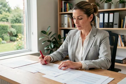Femme corrigeant des modèles d'email de vacances imprimés à son bureau à domicile avec un stylo rouge