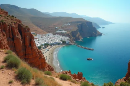 Vue panoramique de la côte méditerranéenne du nord du Maroc avec village de pêcheurs et falaises calcaires