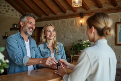 Couple souriant remettant les cl&eacute;s au gite rural