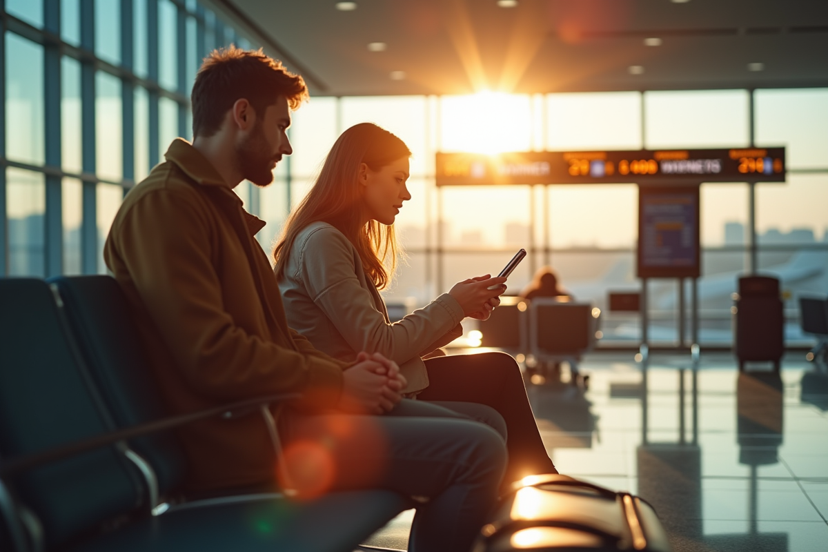 Jeune couple à l'aéroport regardant le tableau des départs