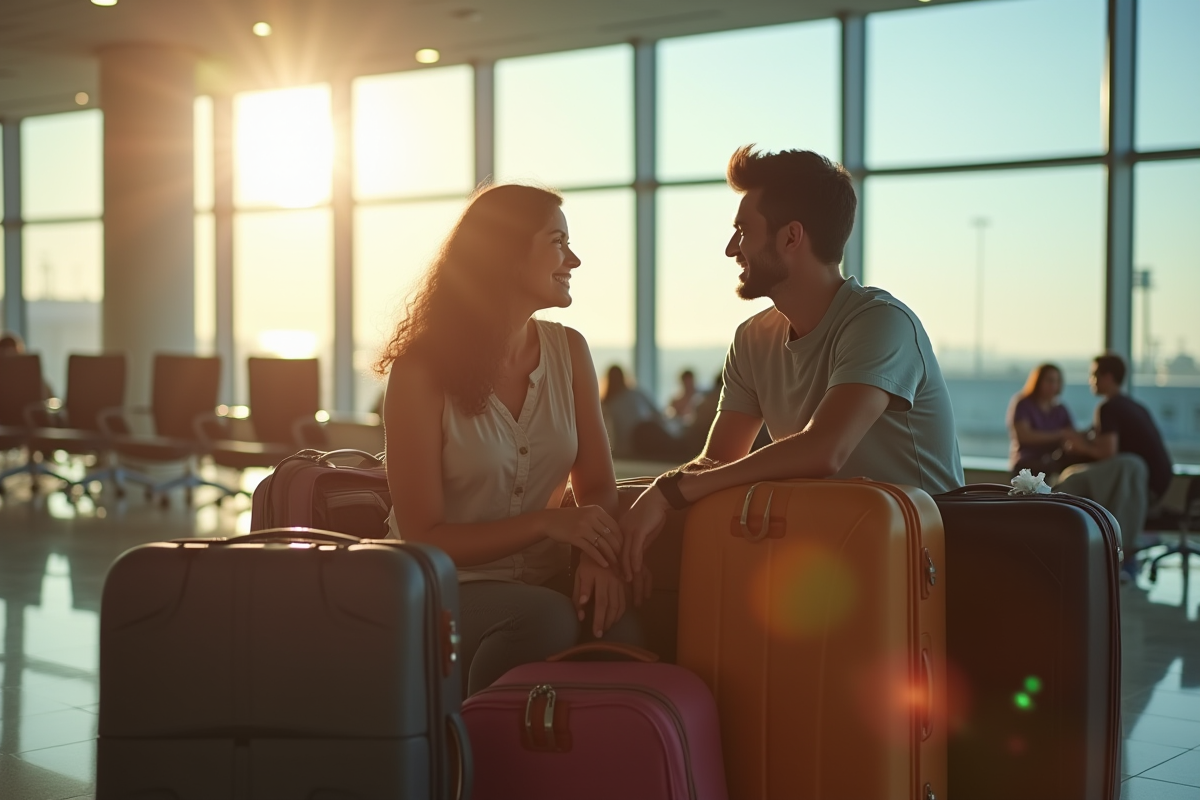Jeune couple à l'aéroport avec valises et documents de voyage