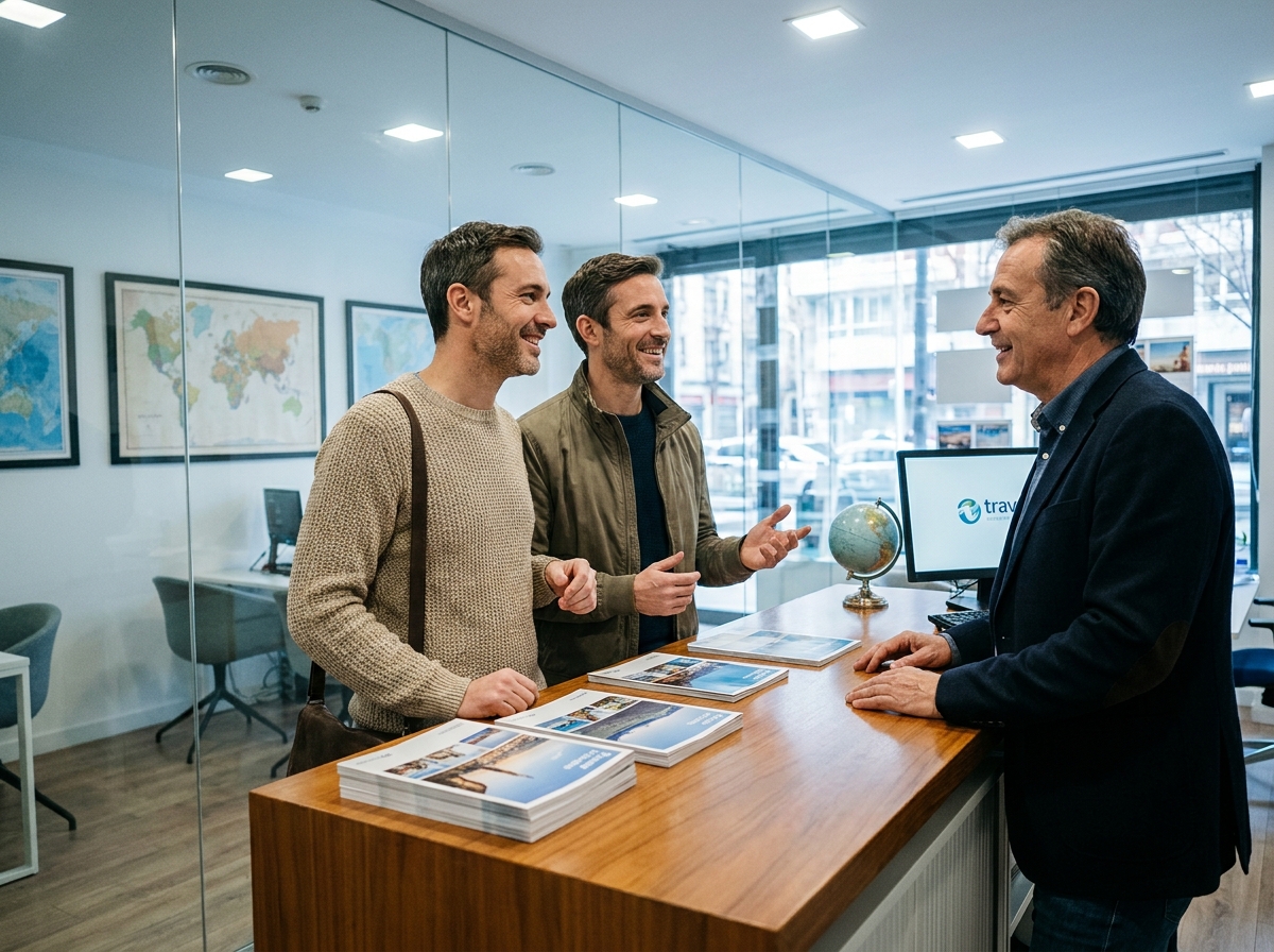 Couple discutant avec un agent de location fiable dans une agence de voyage professionnelle