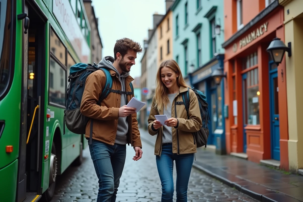 Couple de voyageurs descendant d'un bus local dans une ville irlandaise lors d'un voyage économique en Irlande