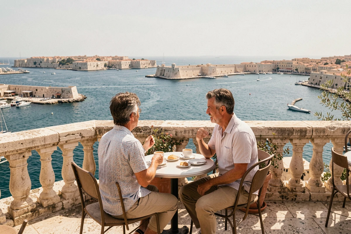 Couple savourant un café en terrasse aux jardins Upper Barrakka avec vue panoramique sur le Grand Harbour de Malte