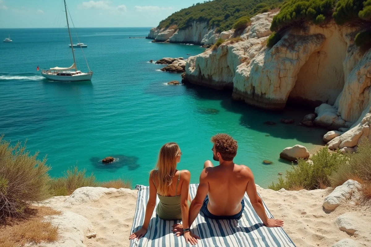 Couple se relaxant dans une calanque secrète de Porquerolles avec mer émeraude et voilier ancré au loin