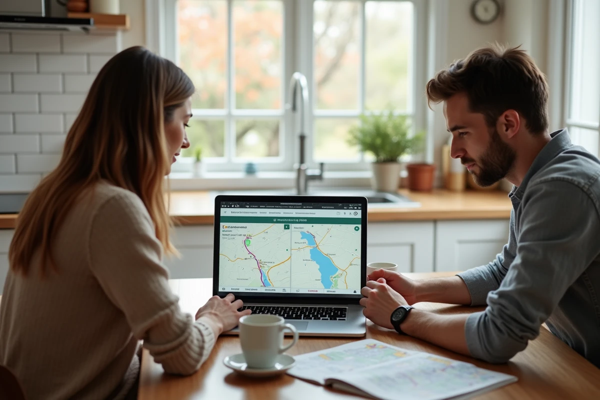 Couple comparant deux sites de calcul d'itinéraire sur ordinateur portable à la maison