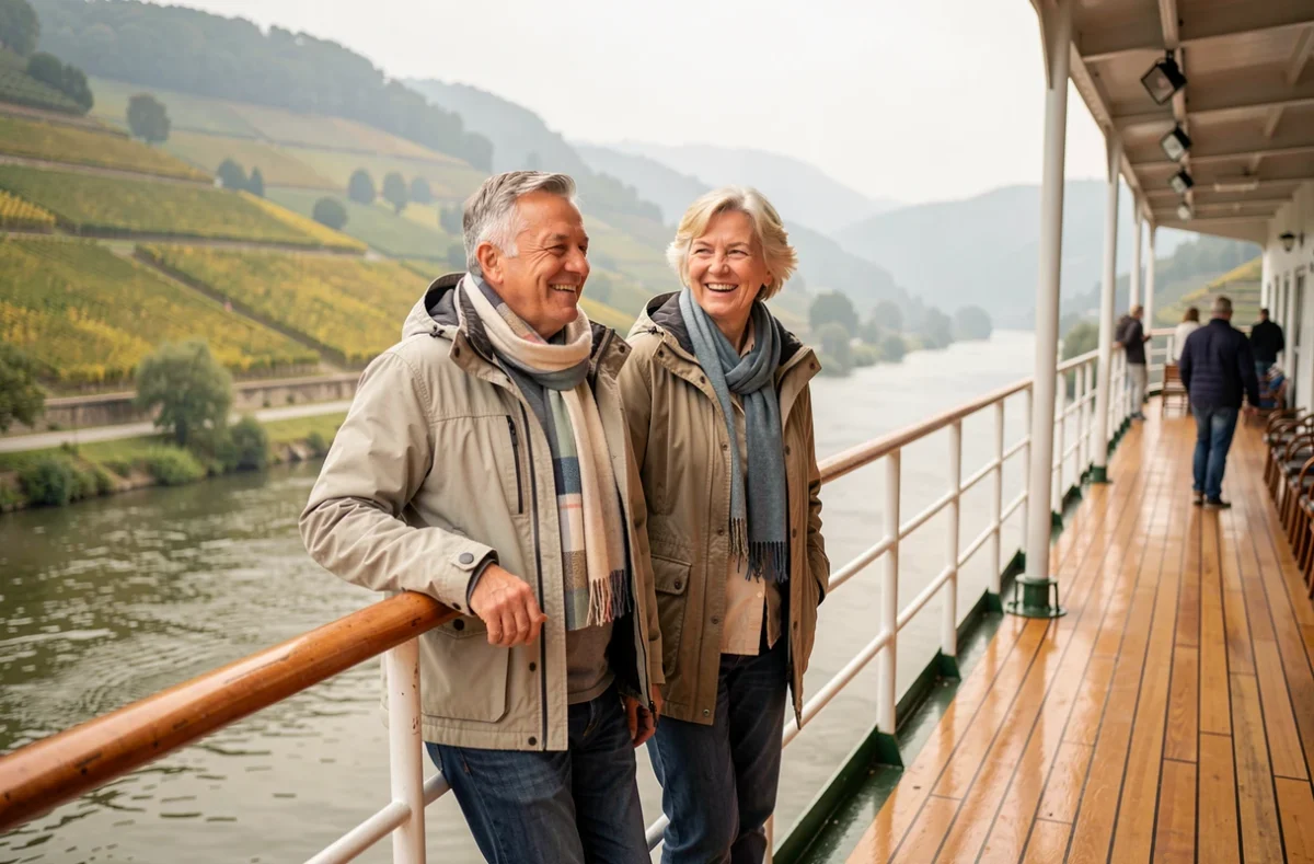Couple de voyageurs sur le pont d'un bateau de croisière fluviale sur le Rhin admirant les vignobles en terrasses