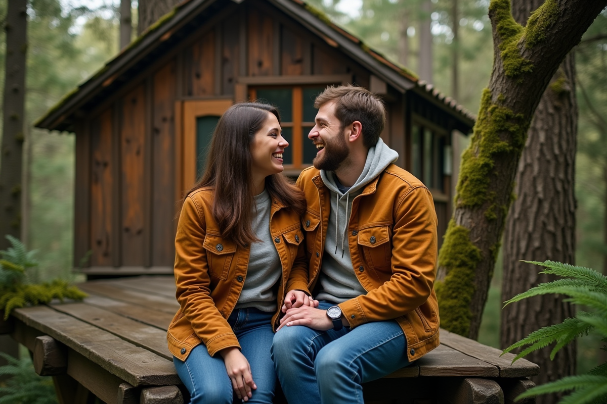 Jeune couple dans une cabane en bois en forêt automnale