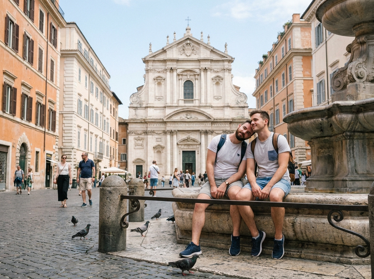 Deux hommes en couple assis au bord d'une fontaine romaine dans une piazza tranquille