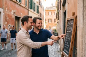 Couple gay dégustant une glace italienne dans une rue pavée de Rome en toute sérénité