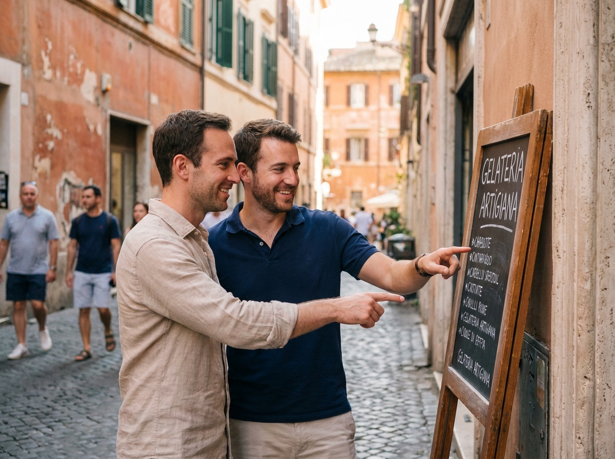 Couple gay dégustant une glace italienne dans une rue pavée de Rome en toute sérénité