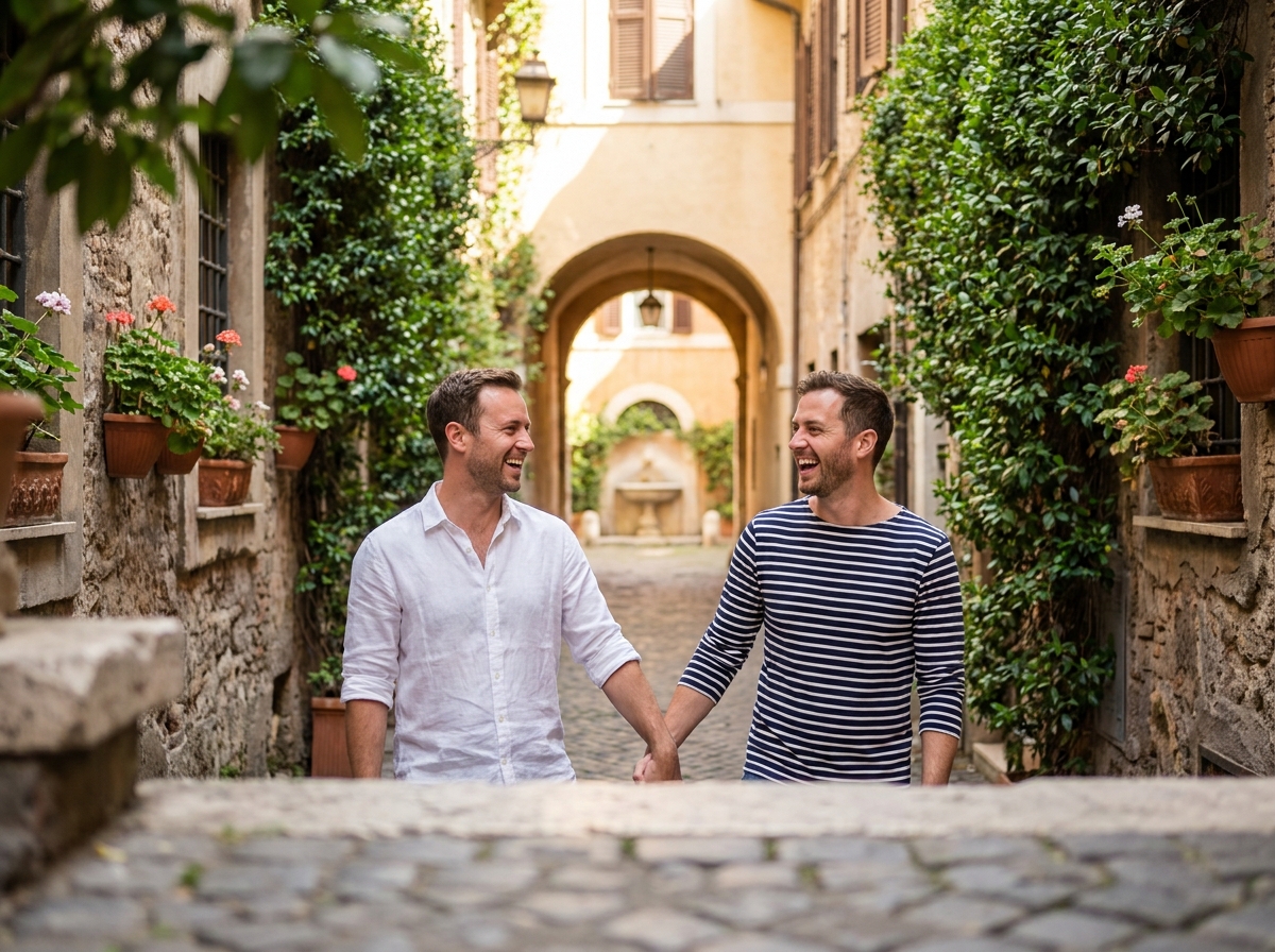 Couple gay se promenant main dans la main dans une ruelle romaine pittoresque avec murs en pierre
