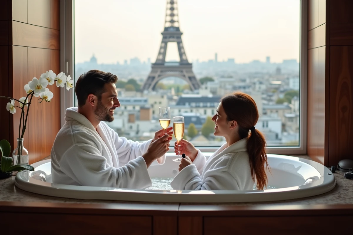 Couple en robes de bain relaxant dans un jacuzzi avec vue sur la Tour Eiffel depuis un hôtel parisien de prestige