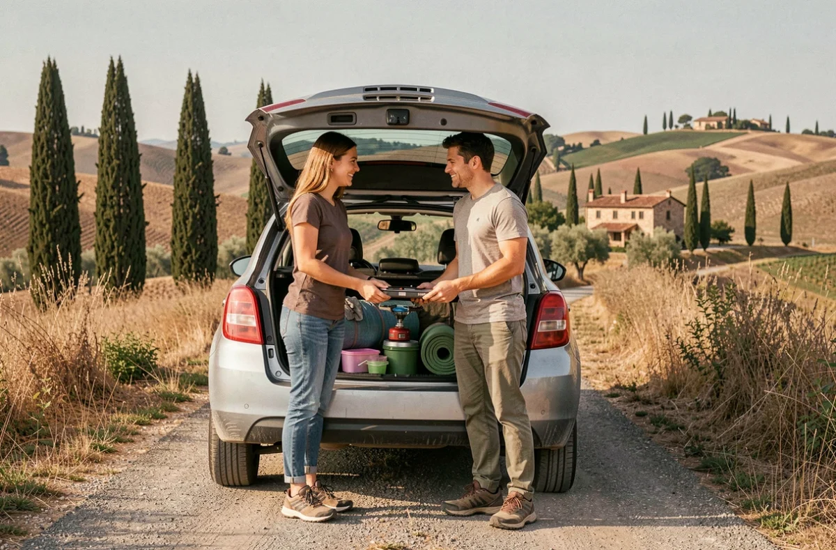 Couple organisant leur équipement de camping sauvage au coffre de leur voiture lors d'un road trip en Toscane