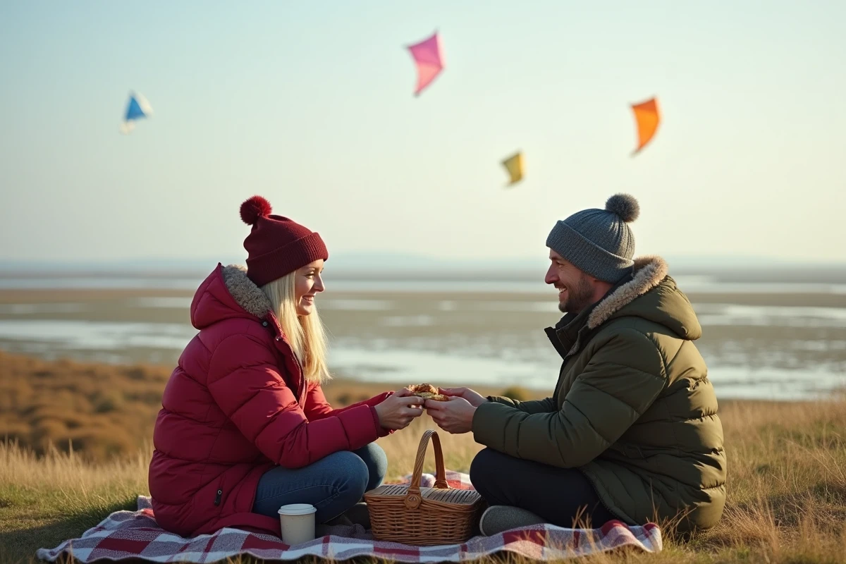 Couple partageant un pique-nique sur la berge de la baie