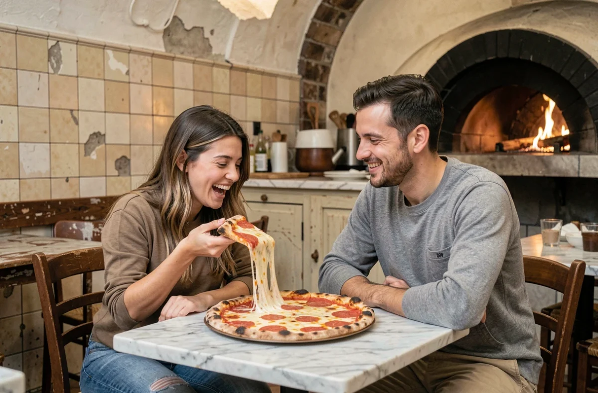 Couple complice partageant une pizza dans une pizzeria traditionnelle napolitaine avec four à bois