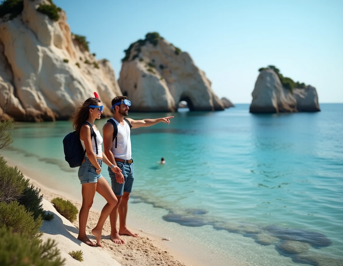 Couple de touristes en tenue estivale explorant la Plage des 3 Pointes &agrave; Bonifacio avec &eacute;quipement de plong&eacute;e en apn&eacute;e