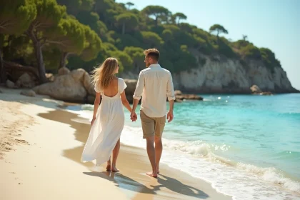 Couple se promenant main dans la main sur la plage de Porquerolles avec eau turquoise et pins parasols en arrière-plan