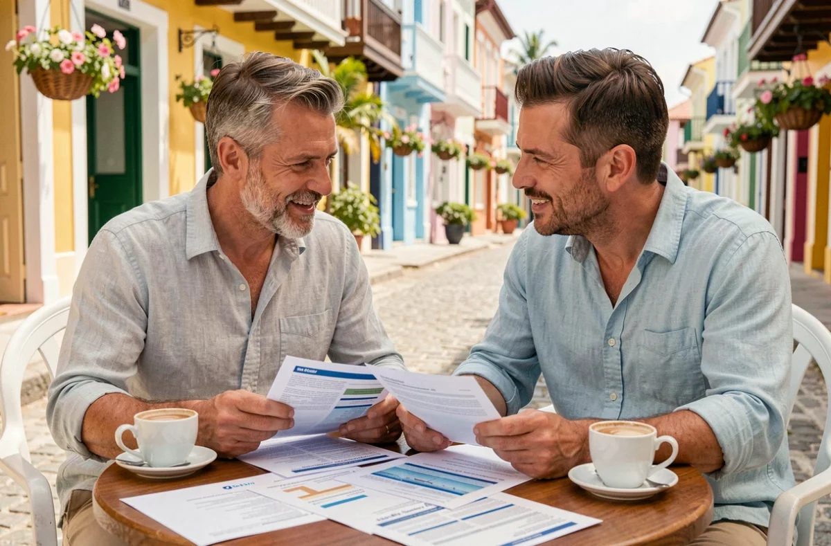 Couple étudiant des documents de croisière et de vol dans un café en plein air aux Caraïbes