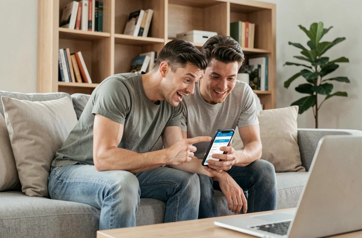 Couple planifiant un voyage en consultant Google Flights sur smartphone depuis leur salon pour économiser sur les billets d'avion
