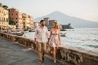 Couple se promenant main dans la main sur le front de mer de Naples avec le Castel dell'Ovo en arrière-plan