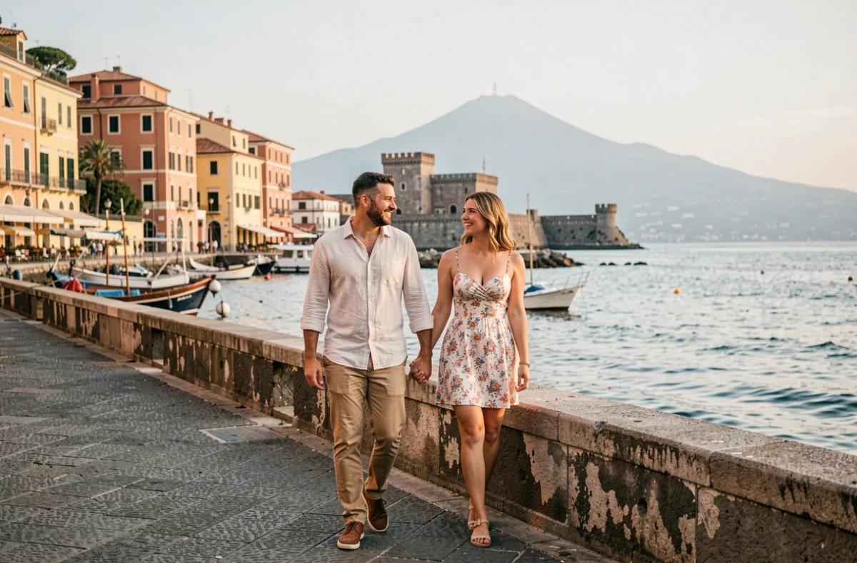 Couple se promenant main dans la main sur le front de mer de Naples avec le Castel dell'Ovo en arrière-plan
