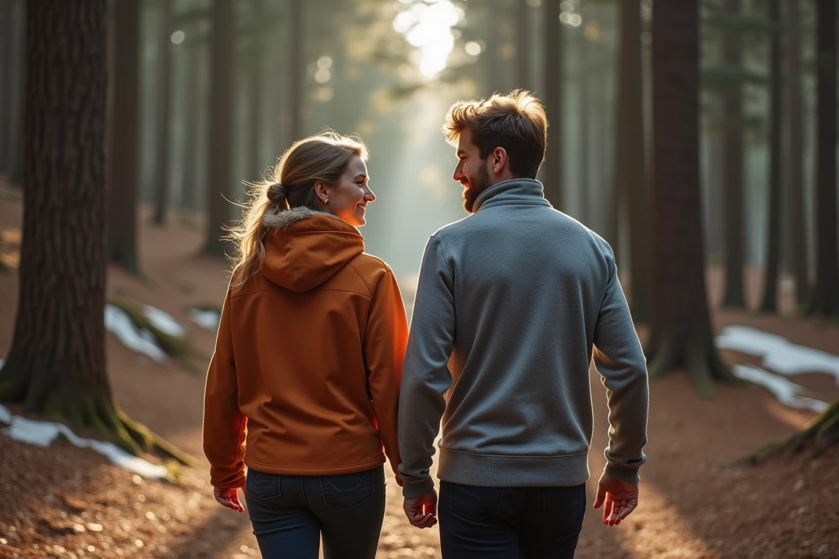Couple en randonnée dans la forêt de cèdres du Mont Ventoux par temps frais en Vaucluse