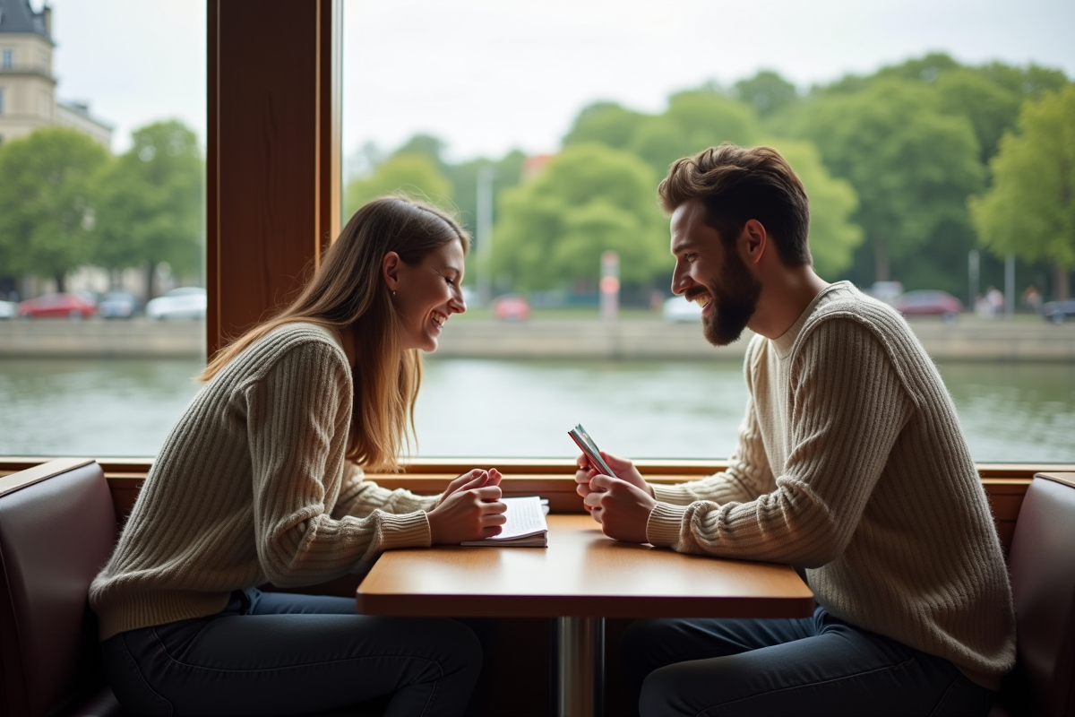 Jeune couple riant dans un salon de bateau sur la rivière