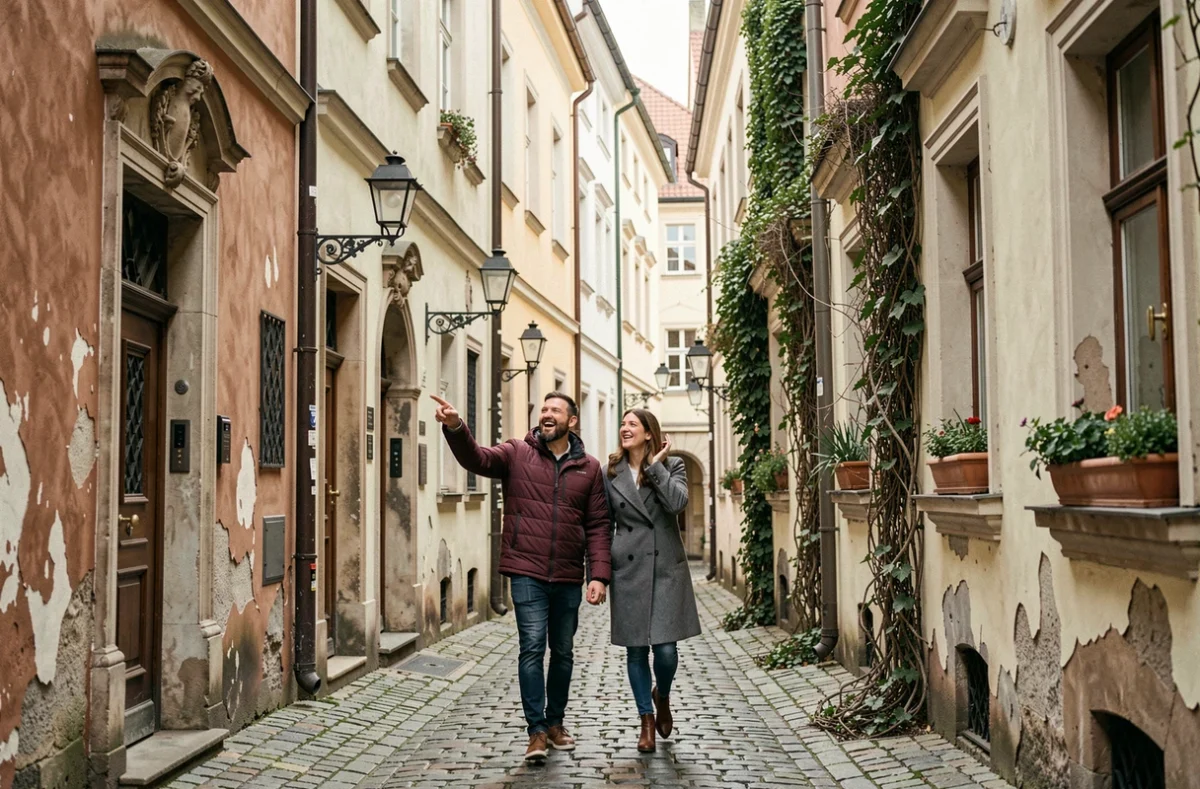 Couple se promenant dans les ruelles pavées du quartier de Malá Strana à Prague