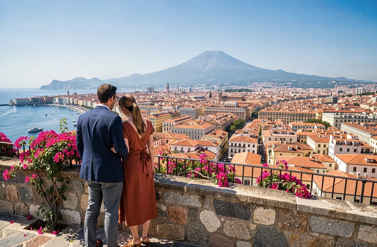 Couple admirant le panorama de Naples et du Vésuve depuis une terrasse romantique avec vue sur la baie
