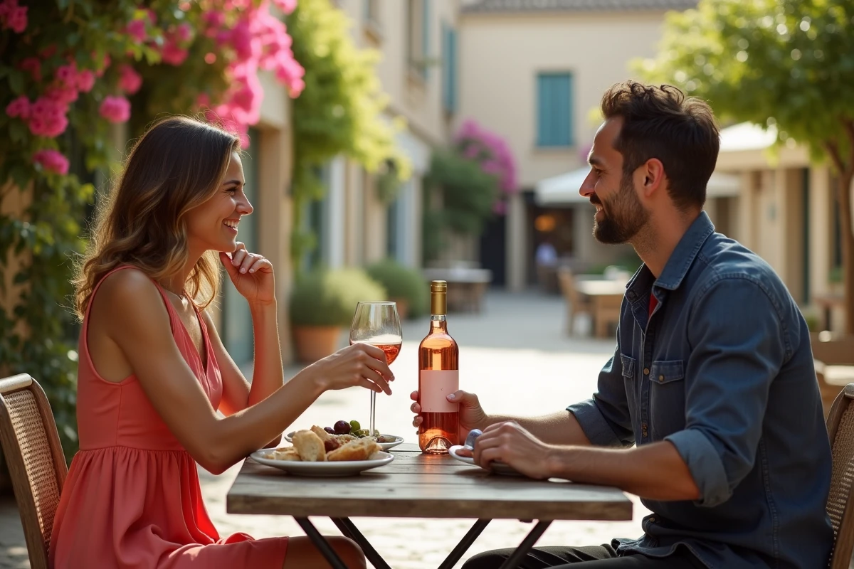 Couple dégustant du rosé en terrasse d'un bistrot du village de Porquerolles entouré de bougainvillées colorées