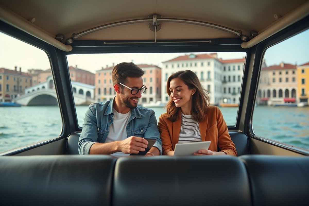 Jeune couple de touristes dans un taxi bateau à Venise