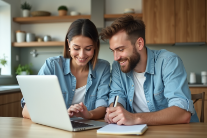 Jeune couple recherchant une location de vacances à la cuisine