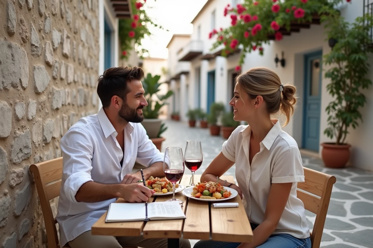 Couple partageant un repas économique sur une terrasse de café dans un village grec traditionnel avec carnet de voyage ouvert
