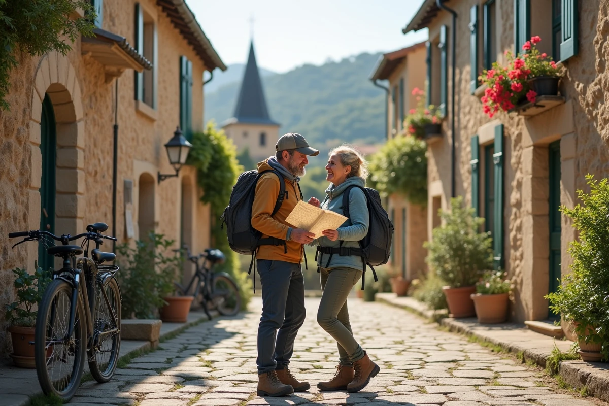 Couple de vacanciers explorant un village provençal à vélo lors d'un séjour Iris Vacances en France