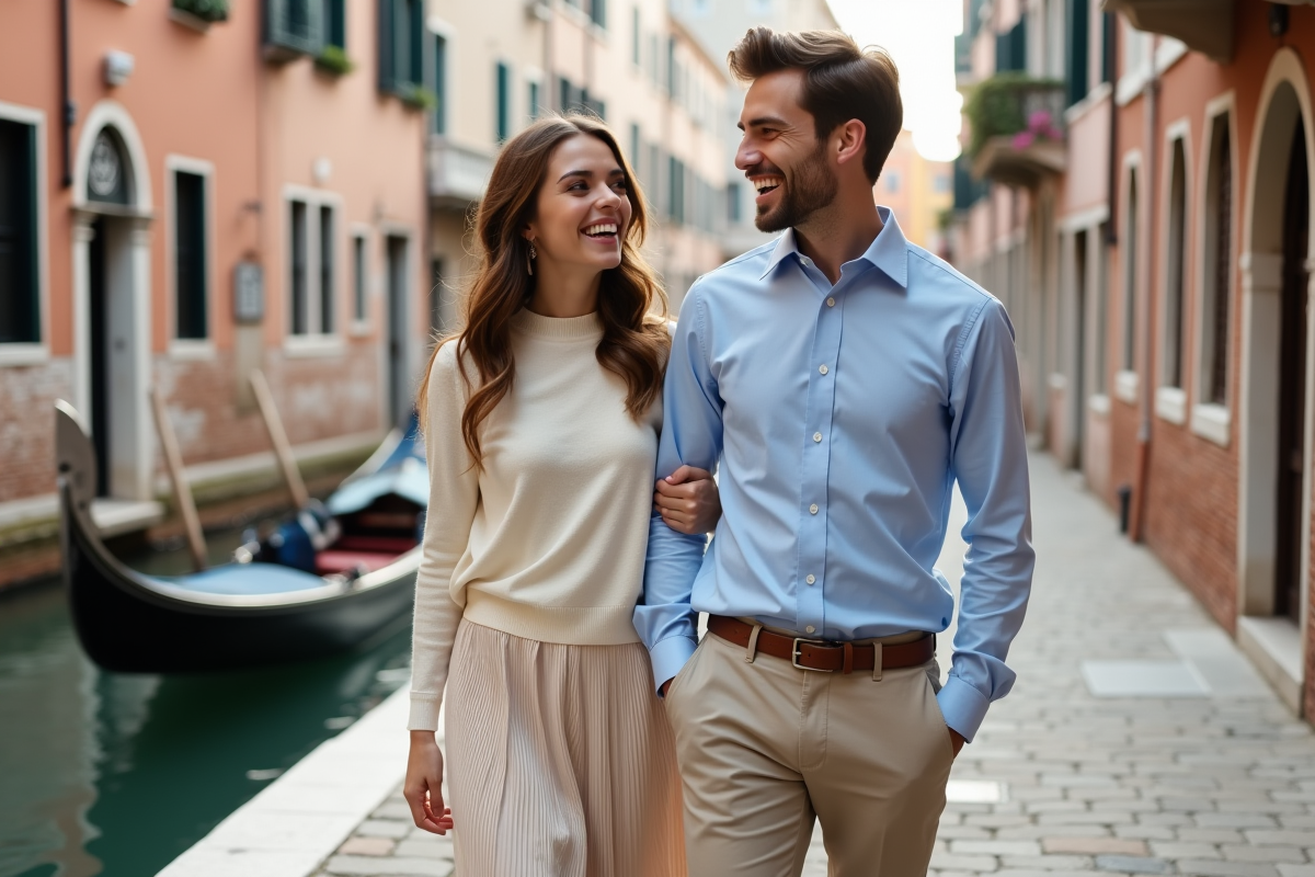 Couple souriant se promenant le long d un canal vénitien