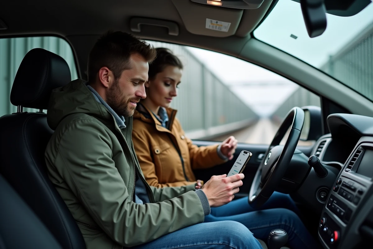 Couple dans une voiture à bord du Shuttle comparant les tarifs du tunnel sous la Manche sur smartphone