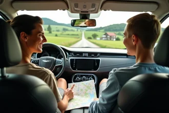Couple souriant en voiture avec carte dans un paysage rural