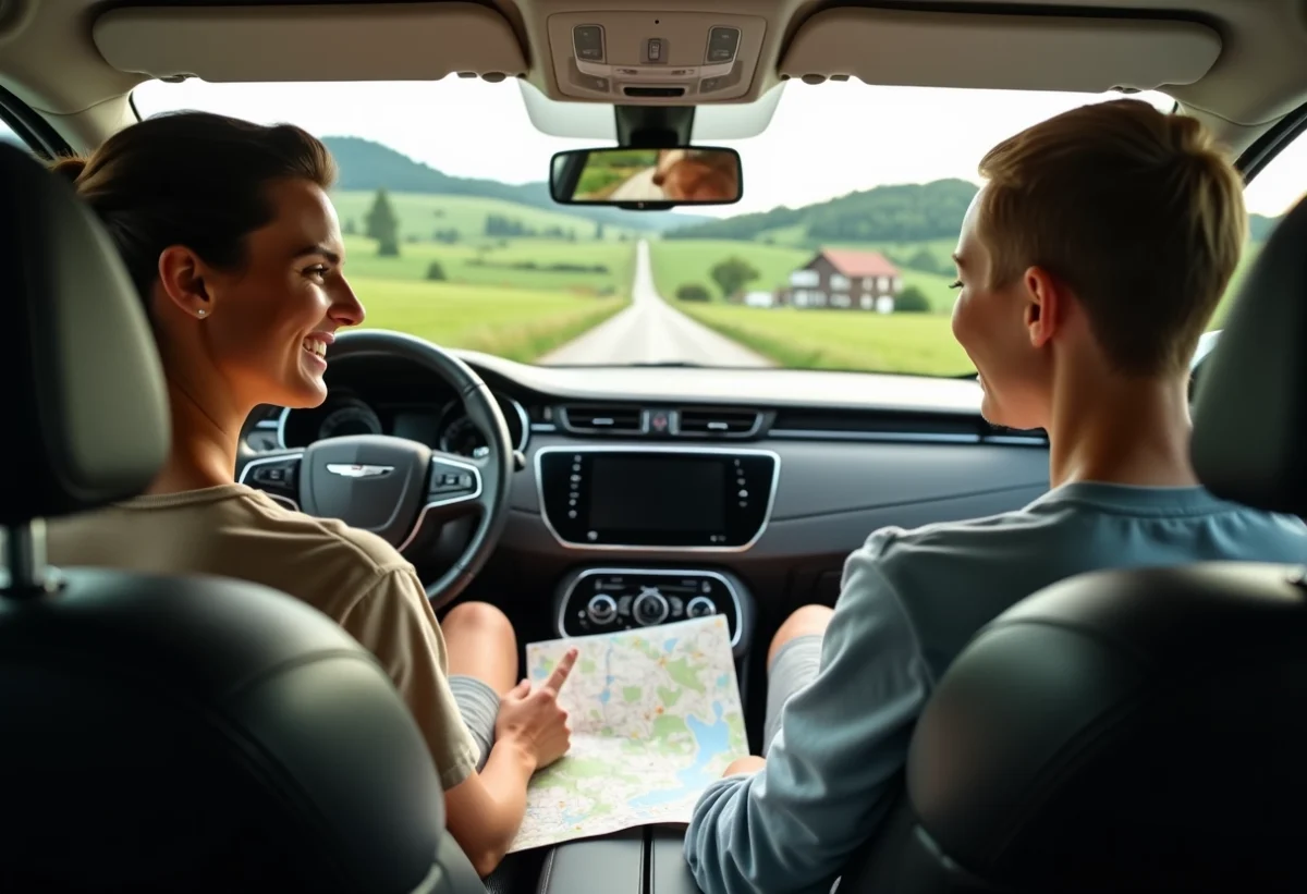 Couple souriant en voiture avec carte dans un paysage rural