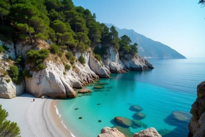 Crique sauvage et solitaire sur la côte macédonienne grecque avec eau turquoise et galets gris