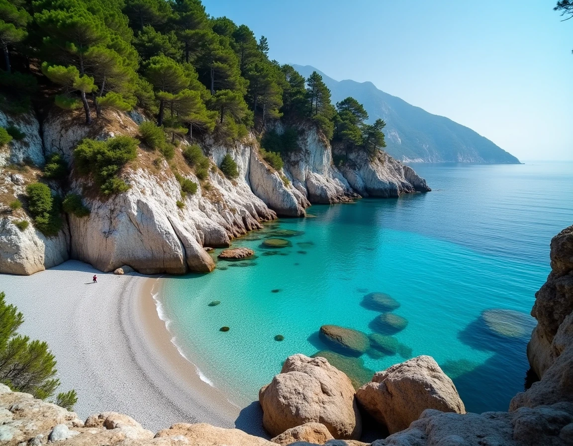 Crique sauvage et solitaire sur la côte macédonienne grecque avec eau turquoise et galets gris