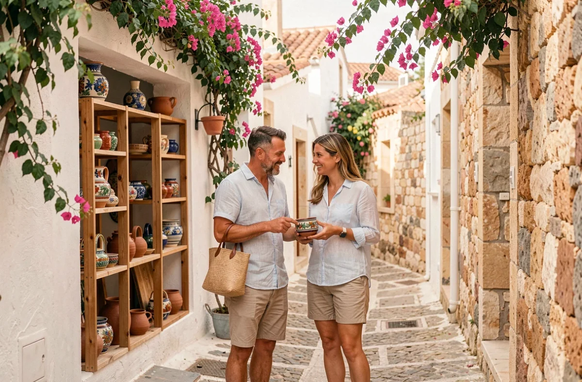 Couple explorant une ruelle pittoresque de la vieille ville d'Ibiza avec des boutiques artisanales