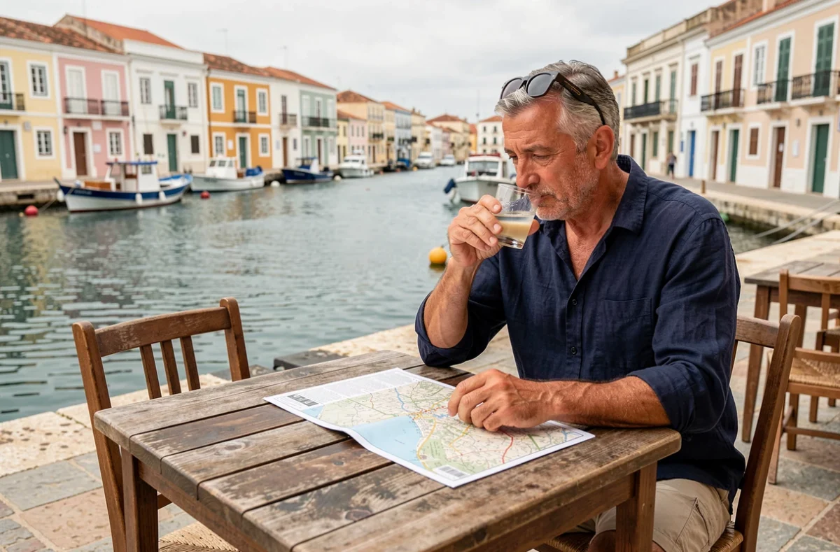 Voyageur solitaire savourant un gin tonic en terrasse face au port naturel de Mahón à Minorque