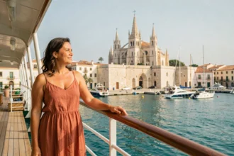 Femme sur le pont d'un bateau de croisière admirant la cathédrale de Palma de Majorque depuis le port