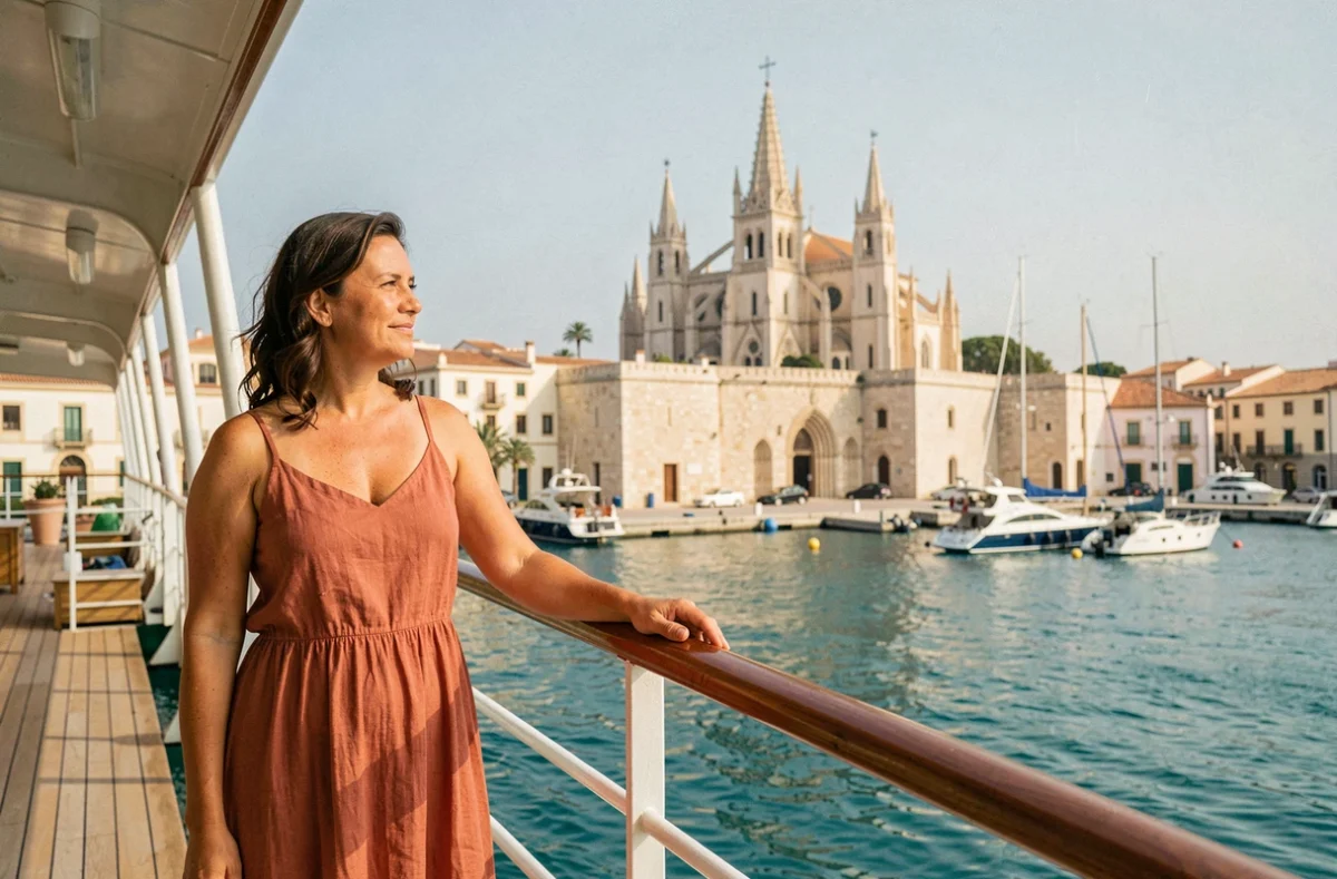 Femme sur le pont d'un bateau de croisière admirant la cathédrale de Palma de Majorque depuis le port