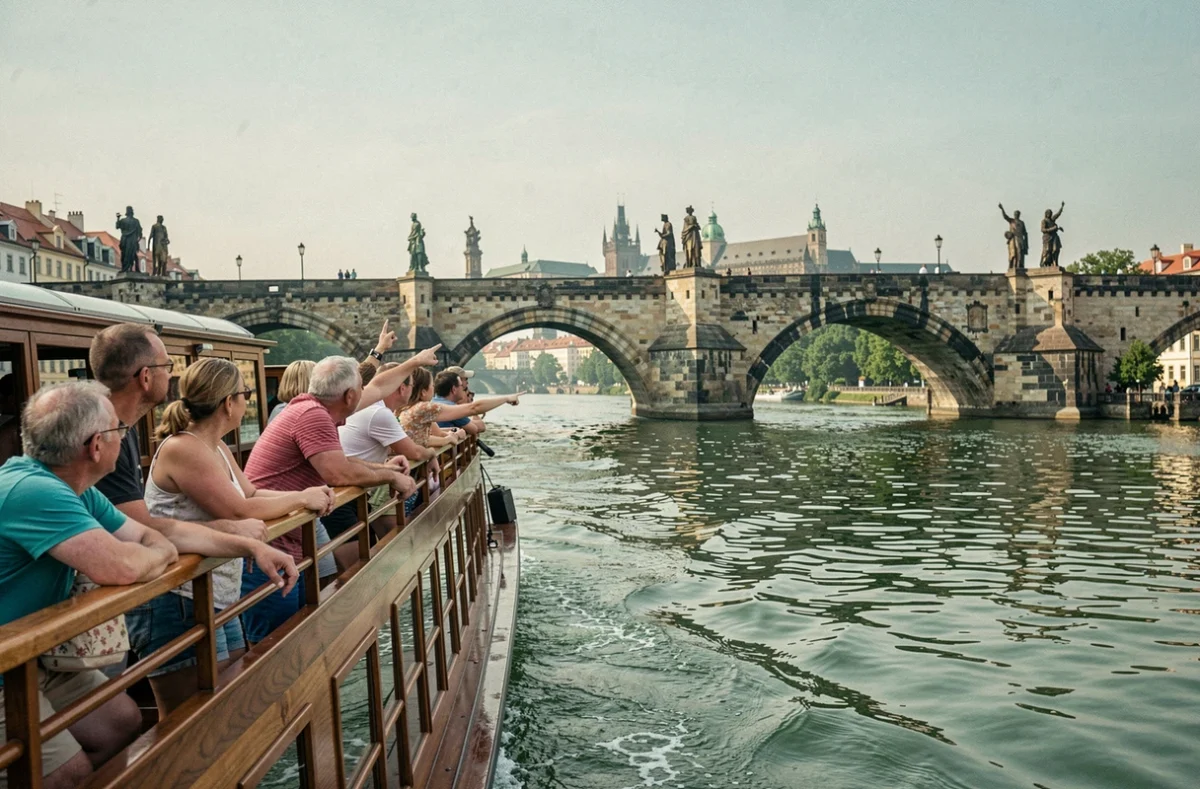 Croisière sur la Vltava à Prague avec le pont Charles en arrière-plan lors d'une journée d'été