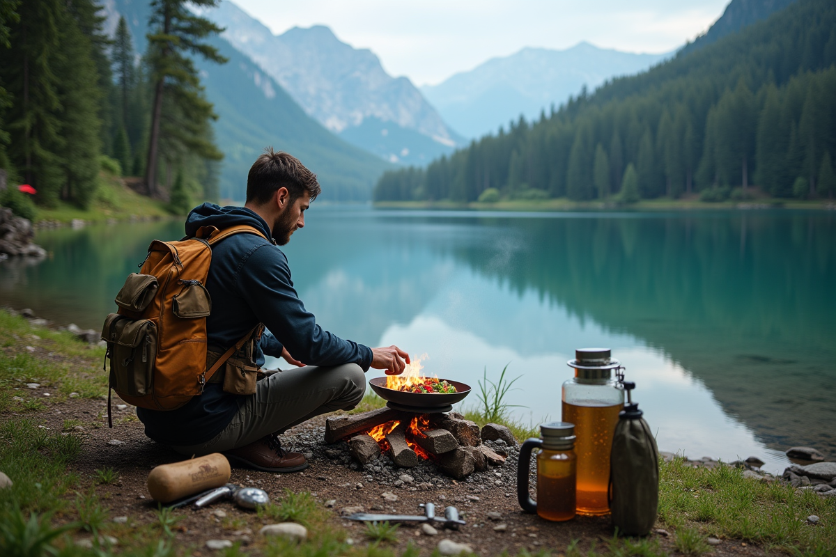 Aventurier préparant un repas au bord d’un lac de montagne