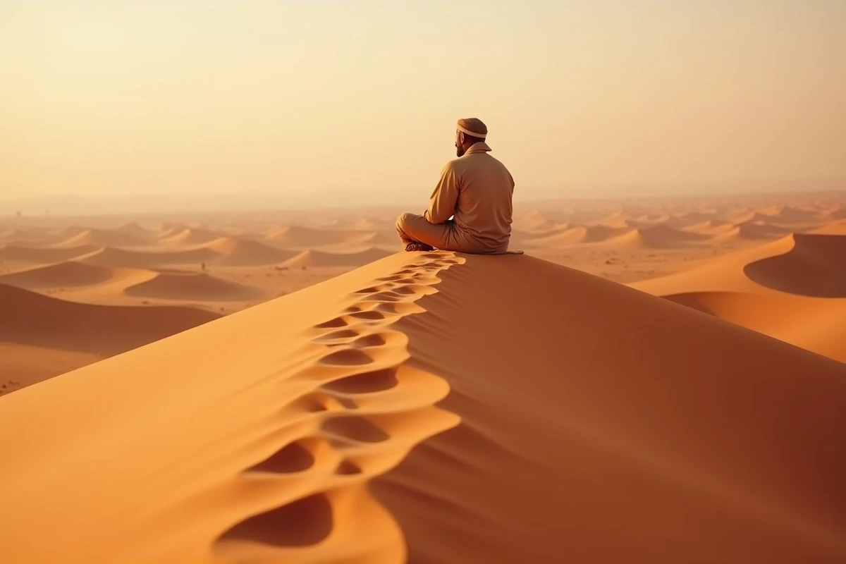 Homme en djellaba assis sur une dune de sable rouge &agrave; Merzouga au Maroc en f&eacute;vrier, d&eacute;sert du Sahara