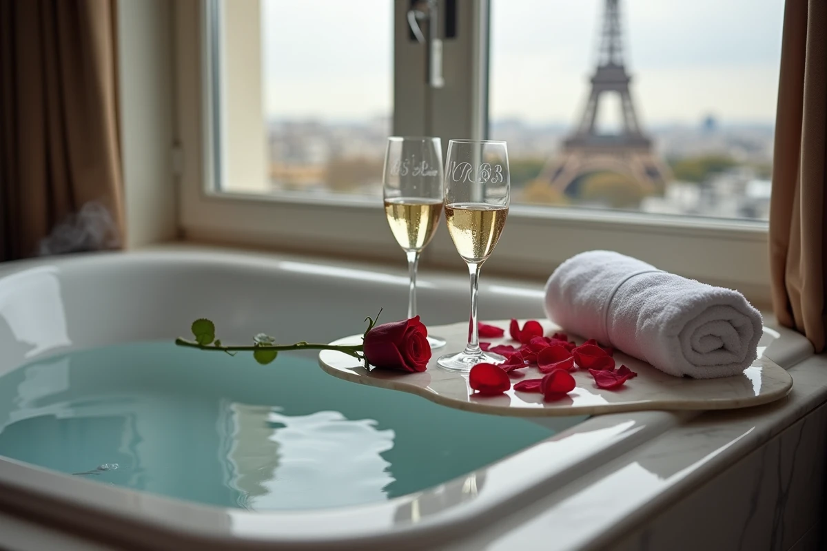 Détail romantique d'un jacuzzi en hôtel parisien avec rose, champagne et vue floue sur la Tour Eiffel